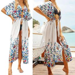 Women's Swimwear Women Short Sleeve Maxi Long Cover Up Floral Print Beach Kimono Cardigan