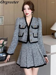 Work Dresses Vintage Gray Tweed Two Piece Set For Women V-neck Tassel Woolen Jacket Coat Pleated Skirt 2 Sets Outfit