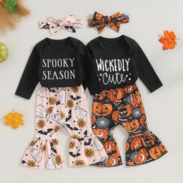 Clothing Sets Baby Girl Fall Outfits Letter Print Long Sleeve Rompers Pumpkin/Ghost Flare Pants Headband 3Pcs Halloween Clothes Set