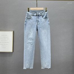 Women's Jeans Rhinestone Women's Trendy Pants 2024 Spring Summer Stretchy High Waist Cropped Jean Woman Straight-Leg Denim