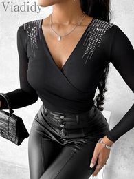 Women's T Shirts Women Sexy Solid Color Deep V Neck Rhinestone Ruched Overlap Long Sleeve Top