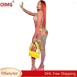 Women's Two Piece Pants 10 Wholesale Outfits Women Mesh Set Spring Long Sleeve Shirt Crop Top Printing Leggings Sexy See Through Clothes