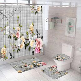 Shower Curtains Blooming Rose Branch Sets Anti-slip Rug Toilet Lid Cover Bath Mat Grey Wall Tiles Brick Flowers Bathroom Curtain