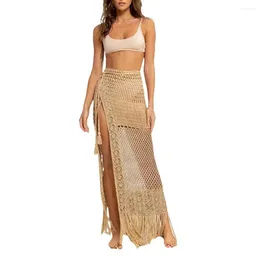 Women Beach Skirt High Waist Knitted Long Tassel Hollow Out See-through Floor Length Split Bohemian Lady Bikini Cover-up