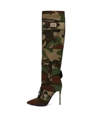 2024 lady leather Martin Booties stiletto high heels long boot Boots women Thigh-High booties pillage toes camouflage colour wedding shoes Pockets Buttons siz 34-43