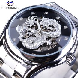 Forsining watch Classic Dragon Design Silver Stainless Steel Diamond Display Men Automatic Wrist Watches Top Brand Luxury Montre Homme 2896