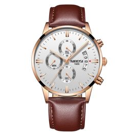 NIBOSI Brand Quartz Chronograph Fine Quality Leather Strap Mens Watches Stainless Steel Band Watch Luminous Date Life Waterproof Wristw 251E