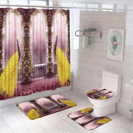 Shower Curtains Fantasy Peacock Curtain Bath Mat Sets Animal Flower Feather Bathroom Screen Toilet Cover Anti-slip Carpet Flannel Rug Pad