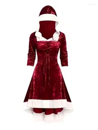 Casual Dresses 2024 Ladies Christmas Santa Costume Winter Fur-collar Lace-up Patchwork Hooded Dress Plush Long-sleeved Party Prom