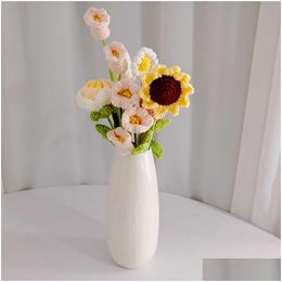 Faux Floral Greenery New Handmade Knitted Flower Daisy Sunflower Rose Diy Hand-Knitted Fake Bouquet Home Year Decoration Supplies Drop Dhdij