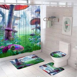 Shower Curtains Fantasy Magic Fairy Tale Mushroom Curtain Set Castle Autumn Plant Leaves Bathroom With Bath Mat Toilet Cover Rug