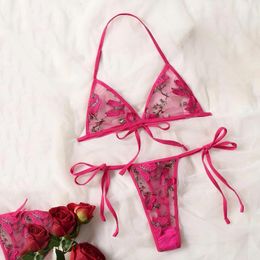 Bras Sets Floral Embroidery Lingerie Set Transparent Lace Halter Unlined Pajama 2024 Sexy Mesh Ultra-Thin Underwear Thong Nightwear
