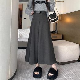 Skirts 2024 Autumn Winter Women High Waist Belt Slim Long Skirt Quality Elegant Big Hem Thicken Woolen Umbrella