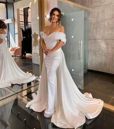 Vintage Long Off Shoulder Satin Wedding Dresses With Pleats/Detachable Train Mermaid 2 and 1 Style Vestido de novia Lace Up Back Bridal Gowns for Women