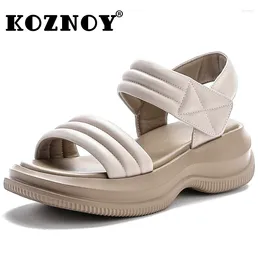 Sandals Koznoy 5cm Cow Natural Genuine Leather Peep Toe Rubber Women Sandas Hook Breathable Boots Comfy Summer Hollow Ankle Flats Shoes