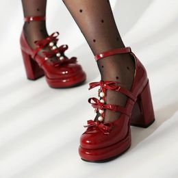Dress Shoes Cute Bow Belt Buckle Spring Mary Jane Patent Leather Black Cherry Red Pink High Chunky Heels Big Size Pumps For Women