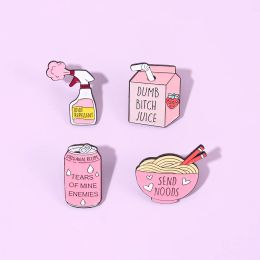 Pink Tears of Enemies Metal Pins Custom Cans Juice Ramen Pun Send Noods Brooches Lapel Badges Funny Jewellery Gift for Friends