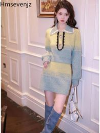 Work Dresses Age Reducing Gradient Knitted Skirts Set Spring/Autumn Polo Neck Short Sweater Half Skirt Two Piece Women Outfits