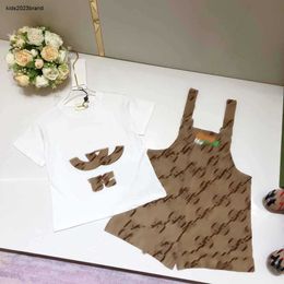 New kids tracksuits designer girls summer suit baby clothes Size 110-160 CM Round necked T-shirt and logo grid printed shoulder strap shorts 24May