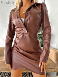 Casual Dresses Women Solid Color Buttoned Ruched Wrap PU Faux Leather Mini Dress