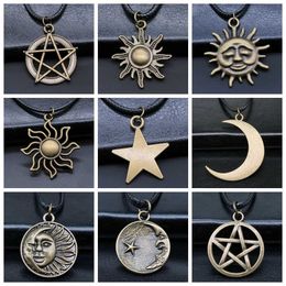 Pendant Necklaces 30 unisex talismans witchcraft Jewellery gifts sun and moon stars five pointed star pendants necklaces black leather ropes direct shipping S2
