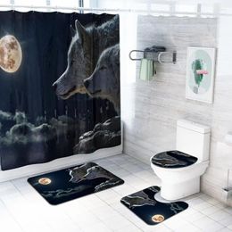 Shower Curtains 4 Pcs Animal Curtain/Bath Maoilet Pad Set Character Pattern Anti-slip Toilet Carpet Flannel Bath Mat