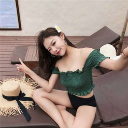 Swimwear Girl Cute Student One Shoulder Bra Chic Korean Ins Style Short Sleeves Over Arms Bikini H525-50