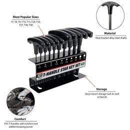 10pc Metric or Inch T-Handle Hex Key Allen Wrench Tool Set or Star T-Handle Hex Key Set with Convenient Storage Stand
