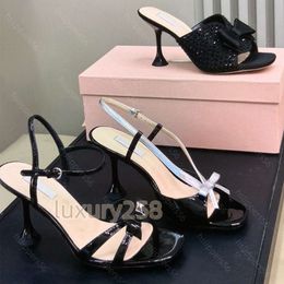 Designer Luxury High Heel Sandals Versatile Diamond Bow Rose High Heel Shoes Cat Heel Sexy Sandals Back Open Toe Women Slippers