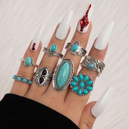 Cluster Rings HuaTang Vintage Green Stone Flowers Joint Ring Sets Ancient Silver Colour Ally Metal Jewellery For Women Men 8pcs/sets23443