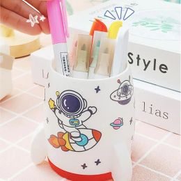 Cute Pen Holder Rocket Ship Pencil Cup With Astronaut Sticker Pencil Holder High Capacity For Makeup Brush Writing Brush