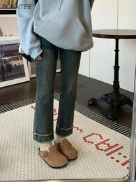 Women's Jeans High Waist Straight Women Chic Autumn Streetwear All-match Ulzzang Stylish Tassel Trouser Denim Ankle-length Distressed