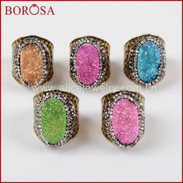 Cluster Rings BOROSA Druzy Oval Titanium Rainbow Drusy Quartz Stone Band Ring Electroplated Gold Colour Geode Gems JAB758