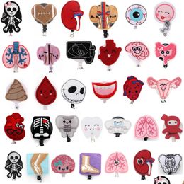 Key Rings 100 Pcs/Lot Mix Design Fashion Lung Stoh Heart Eyes Nurse Retractable Medical Felt Id Badge Holder Reel With Alligator Cli Dhs1D