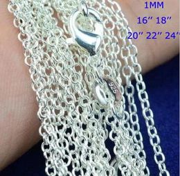 100pcs /lot 925 Sterling Silver plating Rolo " O " Chain Necklaces 1mm 16/18/20/22/24'' 925 Silver Chains Fit Pendant Jewelry LL