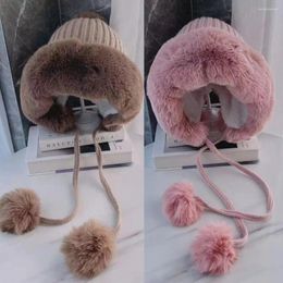 Berets Cute Hair Ball Plush Hat Fashion Thickened Warm Windproof Lei Feng Caps Ear Protector Hooded Scarf Women