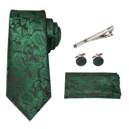 Blue Green Paisley Neck Ties For Men Luxury 8cm Wide Silk Wed Tie Pocket Square Cufflinks Tie clips Set Christmas Gifts For Men