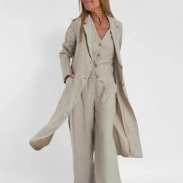 Fashionable Vest Tops Long Pants Patchwork Cotton Linen Casual Set Vintage Sleeveless Tank Outfits Women Suit With Blazer Coat 240524