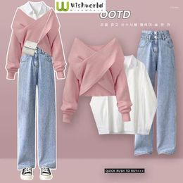 Women's Two Piece Pants Autumn And Winter Fashion Age Reducing Set 2024 Korean Knitted Sweater Casual Shirt Slim Jeans Three