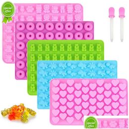Baking Moulds New Bear Chocolate Mold Heart Dinosaur Star Shell Sile Candy With Dropper Diy Cute Ice Cube Tray Qq Fondant Drop Deliver Dhcak