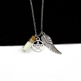Handgefertigte Halskette Film Supernatural Pentacle Angel Wings Wunsch der Flaschen Guardian Serie Silber plattiert Schmuck
