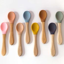 Feeding Wooden Handle Silicone Spoon For Baby Utensils Eat Soild Food Kids Training Manipulative Ability Children's Tableware L2405