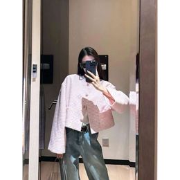 Women's Wool & Blends 2024 Xiaoxiangfeng Letter Hardware Buckle Decoration Round Neck Stripe Short Pink Soft Tweed Coat for Women