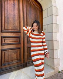 Casual Dresses Women Striped Backless Knitted Fashion O Neck Long Sleeve Maxi Dress Female High Street Streetwear Robes