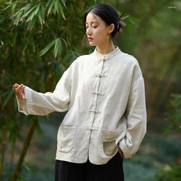 Women's Blouses Johnature Women Chinese Style Shirts Linen Stand Long Sleeve Spring Solid Colour 2024 Button Pockets Top