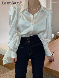 Women's Blouses Satin For Women Spring 2024 Fashion Korean Turn Collar Bubble Sleeve Shirts Button Up Casual Loose White Blouse Tops