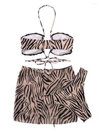 Women's Swimwear Women Acute S Summer 3PCS Bikini Sets Sleeveless Hanging Neck Tie Up Bra Leopard Print Thong Skirt