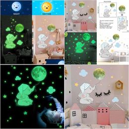 Wall Stickers New 1Set Cartoon Elephant Moon Luminous Sticker Glow In The Dark For Baby Kids Room Bedroom Home Decoration Decal Drop D Dhnn2