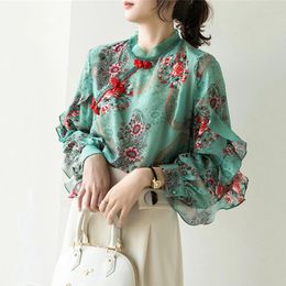 Women's Polos Chinese Style Floral Ruffles Shirt Top Vintage Elegant Printed Lantern Sleeve Chiffon Qipao Women High Quality National Outfit