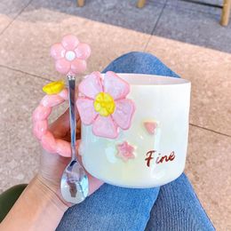 Mugs 500ml Large Capacity Ceramic Mug With Spoon Hand Drawn Flower Pattern Blue Pink Water Cup Cute Girl Home Office Coffee